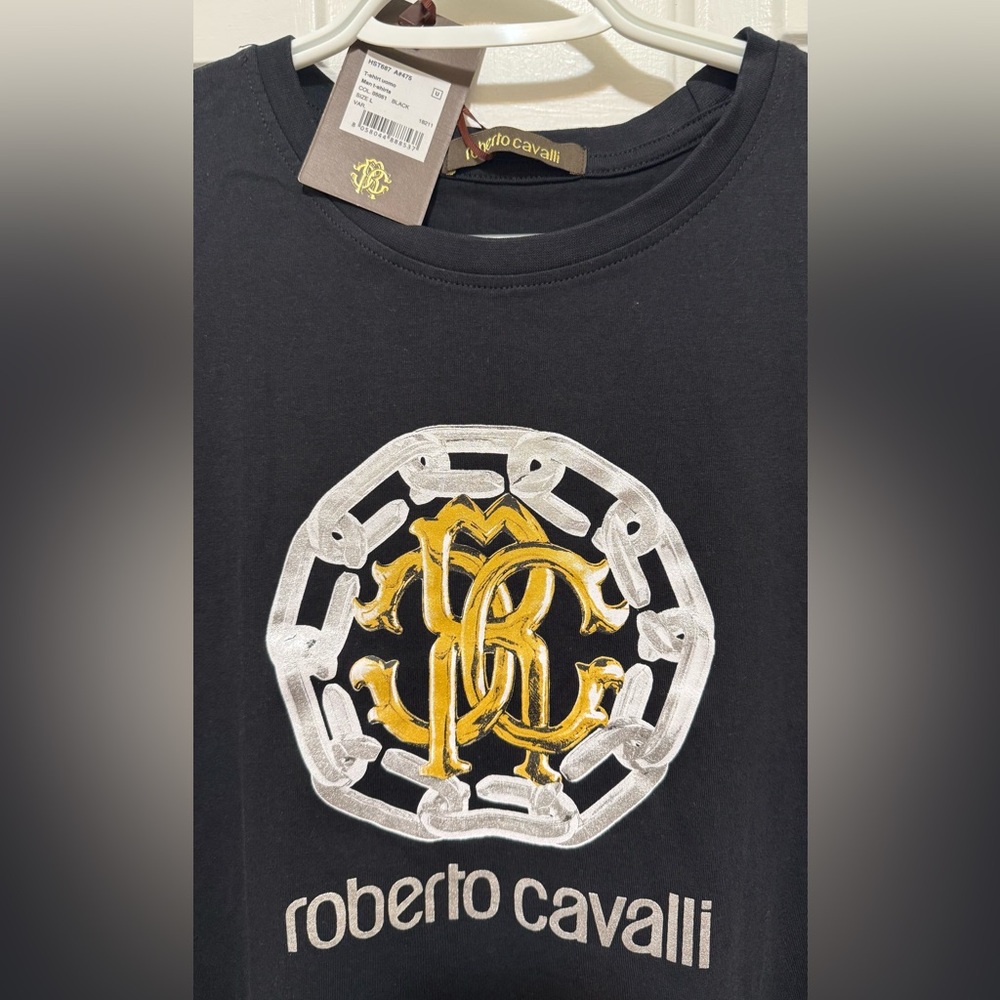 NWT Roberto Cavalli 100% Cotton Black T-shirt with Gold Silver Logo Size L - Picture 2 of 7